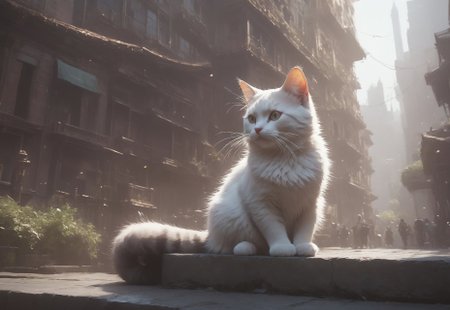 (masterpiece), (best quality), source_anime+, perfect anatomy, HD, 10k Res, digital_media_(artwork) hi_res, intricate, high quality, amazing quality, Cinematic, (1Cat, Whiskers, Solo, Feral Animal), City, Landscape, Drestoria-Style_V1