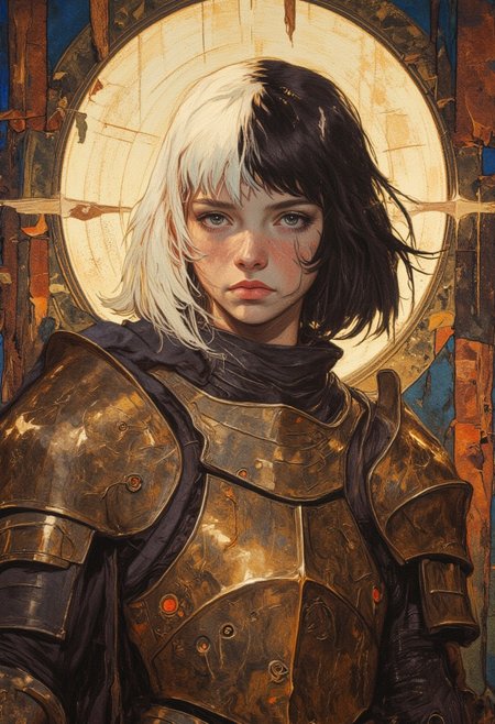((Fantasy knight portrait)) ((Renaissance-inspired lighting)) 
Female Knight,  Petite body, freackles , ornate golden armor with  engravings, standing in a dramatic light with a warm halo behind the head. shoulder pads bracers elbow pads
(Long messy bob haircut, the hair is white on one half and black on the other) Puffy dark red lips
OBxiaoxiang, drkfnts style, DB4RZ, DB4RZ style painting