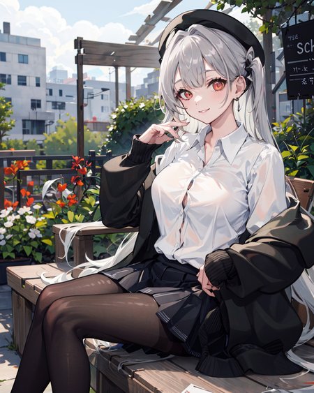 masterpiece,1girl,solo,scyllaschool,sitting,large breasts, light smile,  <lora:ScyllaOnlySchool:0.8>,outdoors,garden,spring,black_pantyhose,