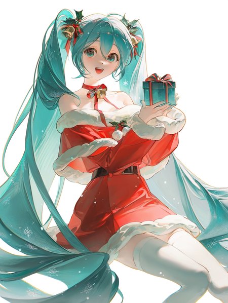 very awa, masterpiece, best quality, newest, absurdres, highres, year 2024, rumoon, (redum4:0.75), konya karasue, dino \(dinoartforme\), rella, suzumi \(ccroquette\), 1girl, hatsune miku, santa costume, santa dress, long sleeves, bare shoulders, white thighhighs, neck ribbon, ((white background)), snowing, snowflakes, upper body, :d, jingle bell, holly, holding gift, hair bow, (((simple background))), collarbone, short twintails, sitting,  <lora:Artist_Style__dsmile:0.55>