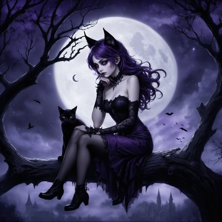 Gothic style, dark night scene, catgirl sitting on a tree branch, crescent moon, deep purple and black hues, starry sky, eerie atmosphere, glowing edges, detailed textures, high contrast, mystical and somber, Victorian Gothic elements, intricate shadows