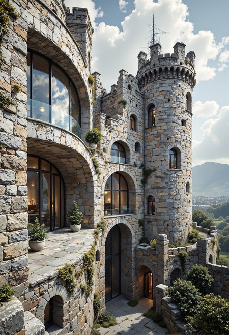 A striking fusion of ancient and modern architecture, featuring a grand castle ruin seamlessly integrated into a sleek, contemporary designer building. The towering weathered stone walls and turrets of the old castle, marked with time and history, stand preserved alongside expansive, sharp-edged modern stone façades. Large glass panels and minimalist steel accents frame the imposing structure, enhancing its majestic scale. The scene emphasizes the intricate interplay of textures, from the rough, moss-covered stones of the sprawling castle to the smooth, polished surfaces of the modern additions, showcasing the preservation of heritage within the context of cutting-edge architectural design. <lora:aidmaFLUXPro1.1-FLUX-v0.3.safetensors:1.0>,  <lora:black_fantasy.safetensors:0.5>,  <lora:aiai-Glimra-Flux-Dev-v2.safetensors:0.5>,  <lora:NotTheRealWorld-v55-000010.safetensors:0.4>,