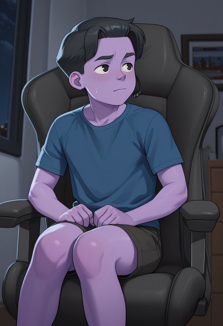 masterpiece, best quality, amazing quality,Oliver, Black Hair, Black Eyes, Purple Skin, Colored Skin,t-shirt,shorts,cute boy,living room, solo, male focus, 1boy,looking away, night,closed mouth,sitting on a gamer chair,toned,