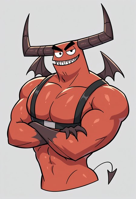 zPDXL3, score_9, score_8_up, score_7_up, detailed face, detailed body, detailed background, perfect anatomy, masterpiece, high quality, best quality, rating_safe  BREAK three-quarter portrait,  demon_rs, demon, red skin, horns, demon wings, muscular, broad shoulders, sharp teeth, harness, half-closed eyes, crossed arms, seductive, seductive smile, looking at viewer  <lora:Demon_RatSnacks_V1:1> <lora:detailed_notrigger:1>