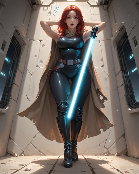 PonyScores7, source_anime, ah1, 1girl, long hair, mature female, (parted hair:1.7), (curvy), round-chin, caucasian, skindentation, thick thighs, wide hips, busty, voluptuous, lips, bad-hands-5, <lora:venus body PonyXL:0.6>, <lora:xl_more_art-full_v1:0.3>, <lora:shinyskin2:0.3> glistening skin, <lora:aesthetic_anime_v1s:0.3>, <lora:Expressive_H:0.3> Expressiveh, <lora:hairdetailpxl:0.3> hairdetailpxl, <lora:EpicF4nta5yXL:0.3>, <lora:detailxl:0.3> detailxl, <lora:Fant5yP0ny:0.3>, best quality, amazing quality, best aesthetic, absurdres, <lora:expressive eyes:0.3> expressive eyes, <lora:eyedetailpxl:0.3> eyedetailpxl, illustration, Volumetric_Lighting, ultra-detailed, very aesthetic, intricate details, 8k, masterpiece, best_quality, (averting eyes, sweatdrop, nervous, surprised, open mouth,  @ @, flying sweatdrops), (Low angle view Extreme Close shot (focus on legs)), (Arms behind head on a wall), <lora:Eyes_High_Definition:0.3> EyesHD, looking at viewer,  Stable_Yogis_PDXL_Positives, AS-Adult, <lora:Mara_Jade_Skywalker:0.8> Mara Jade, Red hair, green eyes, black high heeled boots, (a purple-bladed lightsaber), (tattered brown cloak, sleeveless leather cat suit), in desolate-planet , at dawn, star_wars, <lora:Plasma_Sword:0.8> purple Plasma Sword, Holding Plasma Sword