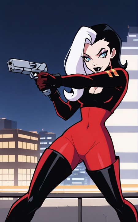 best quality, absurdres,<lora:BolivanteStyleITS:0.8>,   <lora:LBBITS:0.8>, LBBITS, split-color hair, red bodysuit, black bodysuit, black hair,long hair,thighhighs, gloves, cleavage, white hair, multicolored hair, boots, high heels, two-tone hair, clothing cutout, bodysuit,makeup, thigh boots, cleavage cutout, lipstick, high heel boots, black lips, long sleeves, black sleeves, blue eyes, action pose, holding gun, city, outside, night