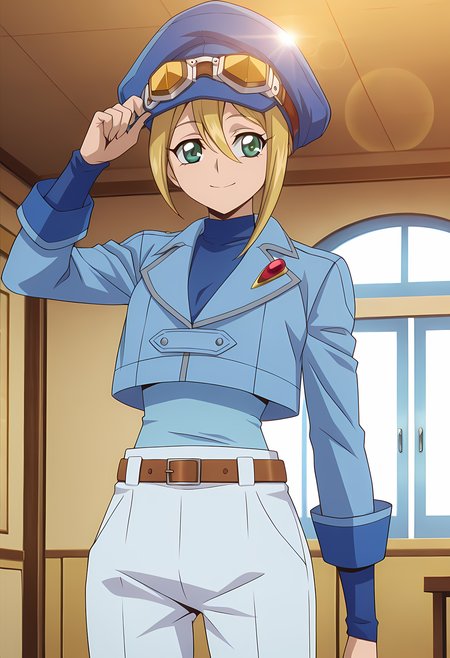 masterpiece,best quality,amazing quality,

1girl, solo,

Megumi Okura (Cardfight Vanguard), blonde hair, hair between eyes, green eyes,

short hair, hat, blue headwear, cabbie hat, goggles, uniform, cropped jacket, blue shirt, long sleeves, blue jacket, belt, white pants,

cinematic, smile, fixing hat, 

Indoors, 

Lens flare, bloom,

Official style, anime screencap, anime coloring,
















