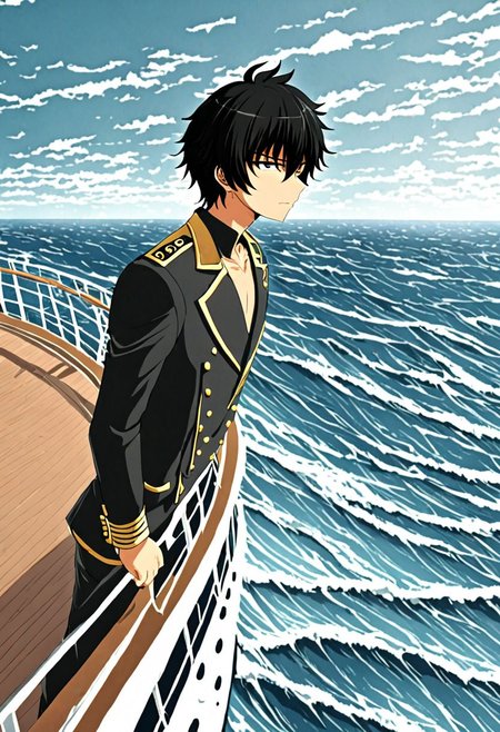 high resolution, solo, best quality, 1Boy, Seiya Kanie, black hair, short hair, thin, sea, bow cruise ship, stong wind, ocean, OverallDetail