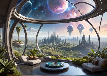 A scenic view from a futuristic, eco-friendly habitat harmoniously integrated with the alien landscape of a distant planet, as seen through the expansive, dome of an elevated flat structure,dome of an elevated towering structure, with inhabitants engaged in leisurely activities at a distance,
lounging figures, holographic projections or data pads, exotic beverages or snacks,  pets or robots, plants and trees with iridescent or bioluminescent foliage, unearthly colors of the planet's terrain, delicate, winged creatures or hovering drones, a sprawling, alien garden or observatory, the city's inhabitants moving about in the background, intricate patterns or organic textures, a serene, tranquil atmosphere, 
(trending:0.89) (epic:1.2, (high image quality:1.08), (RAW:0.75),high definition,amazing quality, absurdres, <lora:LCMTurboMix_Euler_A_fix.safetensors:0.96:0.3> <lora:sdxl\pony-realism-22-nsfw-photo.safetensors:0.85:0.18> <lora:sdxl\add-detail-xl.safetensors:0.87:0.10  p13,s1
