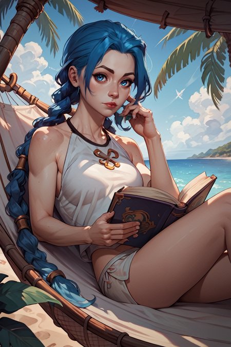 score_9, score_8_up, score_7_up, score_6_up
<lora:AJinx:0.8>
AJinx, 1girl, blue hair, twin braids, blue eyes, long hair, looking at viewer, laying in a hammock, reading a book, tropical beach with palm trees swaying, clear blue sky and ocean, tranquil and leisurely setting