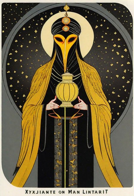 dark grey background, art deco, occultist, antiquarian, ((man in byzantine robes)), ornate lantern, ((man wearing golden ibis mask)), (man wearing turban), ((black and yellow robes)), ((upwards shoulder pads)),