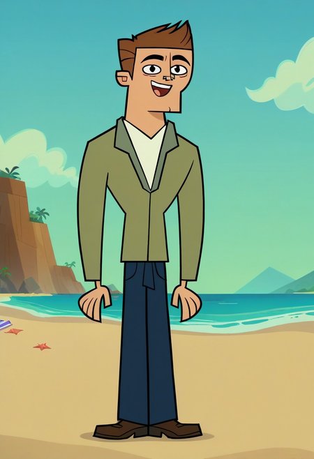 Score_9, cartoon source, toon source, DON, 1boy, solo, Brown hair, black eyes, thin eyebrows, black pupils, round pupils, light green shirt, white shirt, blue pants, happy, beach, blue sky, sunny.