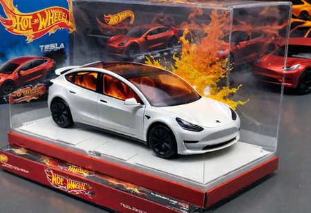 Hot Wheels toy car company have made a toy car version of a Tesla Model 3, The toy telsa model 3 car comes in a mini display unit/box. The car is exploding into fire and flames, white smoke fills the top of the display box, (realistic explosion from car), (realistic Flames bellow from the car windows inside the display unit),  (standing next to the car is a little palstic toy man, he holds both arms in the air,