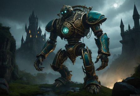 giant bipedal robot brass and dark teal striped paint, bronze paisley robot. lacy robot metal. glass helmet torso head. outside of a steampunk keep. large detailed torso. dark image. one forty foot tall ancient robot with great arms and two heavy spring legs. dark foggy night background. $dark foggy night image only. dark photo realistic image. steampunk details. cogs, chains and pipes incorporated in the fantasy buildings. magic wizards tower in background. Dark swamp, moss, castle ruins, wizards tower. stormy dark night.  stormy sky.  rain