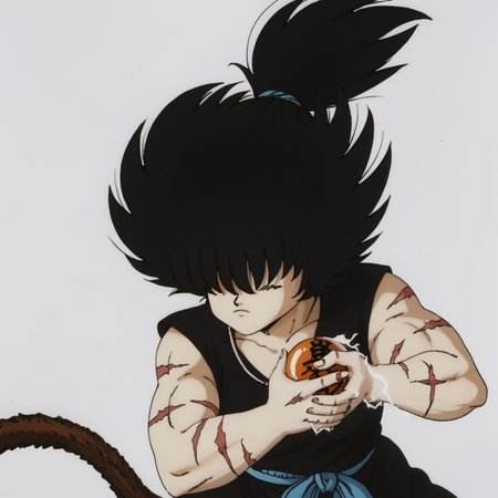 <lora:SolYulaanXL:0.8> SolYulaan, 1girl, qigong, qigong pose, ball of energy ki in hands, ki ball, bioelectricity around hands, muscular girl, wild spiky hair, upturned hair, hair tie, hair over eyes, obscured eyes, frown, black shirt, black kung fu pants, monkey tail, black monkey tail, black hair, scars, battlescarred, action background, wuxia, Yabangirl, Yaban girl, barbarian girl, <lora:EarlyAkira_v4:1> drgbls1, retro artstyle, 1980s \(style\), anime coloring,
