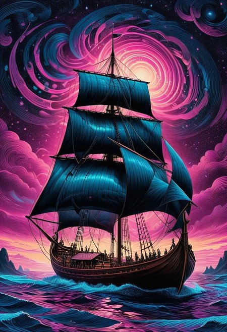 A viking ship with its distorted masts twist like (all dark hues and fine vibrant magenta glowing  background, jewelry, sitting, trippy, 60s style, op art, dark blues and blacks, swirling patterns, hypnotic, art by
<lora:InkArtXL_1.2:0.4> <lora:FaeTastic:0.35> . award-winning, professional, highly detailed . extremely high-resolution details, photographic, realism pushed to extreme, fine texture, incredibly lifelike, high contrast, well defined .