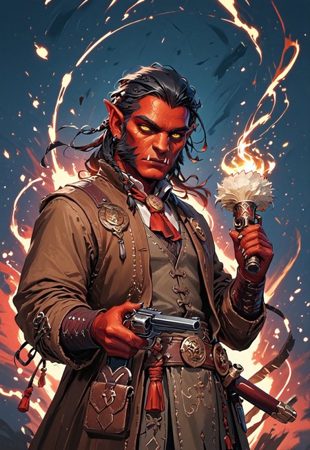 ((zPDXL3)), ((masterpiece,best quality, highly detailed)), ((score_9)), score_8_up, score_7_up, score_6_up, score_5_up, score_4_up, Digital painting style, brushstrokes, ((EnhanceImage)), solo, 1boy, Hobgoblin, red skin, yellow eyes, fangs, big nose, mutton chops, black hair, duster coat, brown coat, cowboy hat, cowboy, vest, shirt, holding revolver, revolver, 1 revolver, gunslinger, swm29,
Expressiveh, 30yo, 
chinese magical sorceress, animated, swirling magic, wisps of magic, magical accessories, evoking motion, conveying motion, dynamic splash art, ((handfixer)), four fingers, one thumb, 
<lora:PainterlyFantasiaPDXL:0.6>,