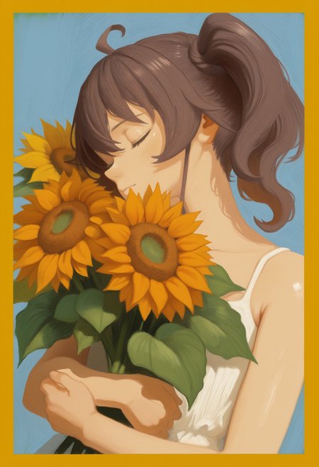 painterly, (natsuiro matsuri,:0.8), artist:[van gogh|yoneyama mai|cursedweeboo|daodtt|diao \(nrays\)|ravine bells],
1girl, solo, holding bouquet, sunflower, portrait, brown hair, side ponytail, closed eyes, plant, yellow flower, blue background, leaf, traditional media, yellow border, orange flower, vase,
newest, impasto, brushstroke, impressionism, oil painting \(medium\), newest, absurdres, masterpiece, very aesthetic