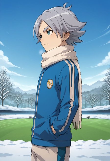 score_9, score_8_up, score_7_up, source_anime, highly detailed, 1boy, solo, male_focus, skinny, slender, 
fubuki2, 1boy, male focus, white soccer uniform, sportswear, grey hair, scarf, soccer field, snow,
