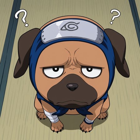 2d, 1boy, solo, Pakkun, male, dog, canine, tail, feral, animal, brown fur, dark brown snout, dark brown ears, black nose, black pupils, dark brown eyelids, black claws, paws, bandages on one arm, blue headband, forehead protector, sleeveless, blue vest, 

BREAK Standing, from above, looking at viewer, frown, ?, question mark, indoors

BREAK best quality, amazing quality, very aesthetic, absurdres, newest, masterpiece 
