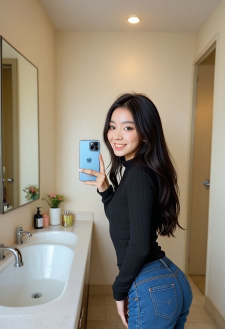 EZRealPONYXL, 1girl, (CerysMixer:1.6), masterpiece, best quality, Gorgeous woman, 18 years old, petite, cute, youthful appearance, standing, girls bathroom, sink, mirror, side view, from above, soft lighting, soft mood lighting, adorable, sexy taking a selfie, looking at her phone, long black hair, (straight hair:1.6), small breasts, tight black sweater, tight blue jeans, high detail, high definition, happy, inviting, score_9, score_8_up, score_7_up