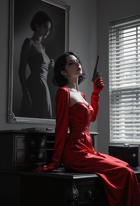 In the style of ff-nn, 8k Midjouney Anime Style, A femme fatale in a red satin dress sits on the edge of a vintage desk in a detective's office. Her silhouette is dramatic against the Venetian blinds, casting bold stripes of shadow across her body. A revolver glints in her hand, her confident smirk daring anyone to test her., (b&w, Monochromatic, Film Photography:1.3), Photorealistic, Hyperrealistic, Hyperdetailed, film noir, analog style, soft lighting, subsurface scattering, realistic, heavy shadow, masterpiece, best quality, ultra realistic, 8k, golden ratio, Intricate, High Detail, film photography, soft focus <lora:Neo_Noir:0.54> <lora:Dark_Gray_Photography_flux:0.24> <lora:anime_inspired_art_luci:0.43>