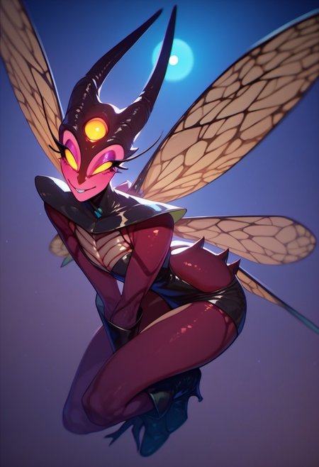 score_9, score_8_up, score_7_up, score_6_up, dark faerie, flying at night, beautiful face, heavy black boots, highly detailed, insect wings, monster boy, perfect eyes looking at viewer, cyan and magenta, colored skin,