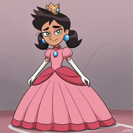 1girl, solo, TammyM, twintails, green eyes, black hair, dark-skin female, p34ch3s-dress, cosplay, crown, blue earrings, jewelry, pink dress, elbow gloves, white gloves, Very long large floor length wide straight tulle long sleeved ball gown hoop skirt, ball gown hoop skirt, princess dress, hoopdress, white pearl necklace, long elbow length princess gloves, my big princess gypsy wedding dress, ballgown, a girl in a dress posing like a princess for a picture, looking at viewer, pretty eyes, she is posing, hands on hips, closed mouth, half closed eyes