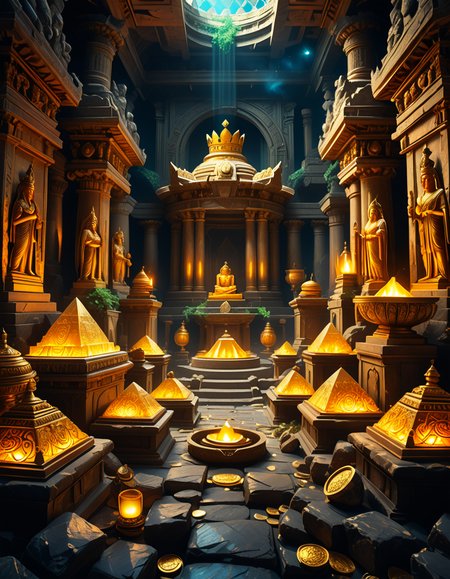 score_9, score_8_up, score_7_up,amazing quality, ultra realistic, 3D, HD, best quality, amazing quality, very aesthetic, absurdres
A hidden treasure chamber deep within an ancient temple, illuminated by the warm golden glow of torches and mystical blue light from enchanted crystals. The room is filled with piles of gold coins, jewel-encrusted goblets, and ancient artifacts covered in dust. Massive stone statues of forgotten deities guard the chamber, their eyes glowing faintly as if watching intruders. In the center, a grand pedestal holds a legendary artifactâan ornate golden crown encrusted with emeralds and sapphires, shimmering with an otherworldly aura. The walls are adorned with intricate carvings depicting lost civilizations, and creeping vines hint at centuries of abandonment. The atmosphere is mystical and slightly eerie, with a sense of both wonder and danger. The air is thick with the scent of aged parchment and burning incense, adding to the chamberâs ancient and mysterious feel. Cinematic lighting with dramatic shadows enhances the depth and richness of the scene, creating a visually stunning and immersive environment.
<lora:SDXLFaeTastic2400:0.4> <lora:extremely_detailed:0.4> extremely detailed,treasure ch4mb3r, <lora:treasure_ch4mb3r-p:1>