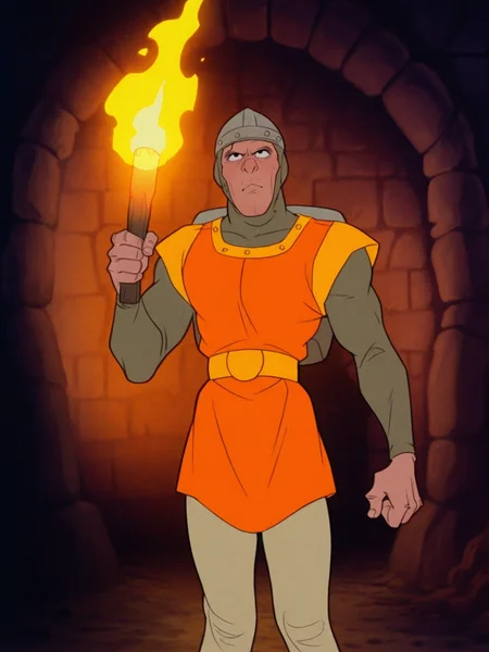 dirkthedaring, holding torch, upper_body, black_eyes, orange tabard, helmet, beige leggings, retro_artstyle, 1boy solo male standing, male_focus, dungeon rocks, source_cartoon, flat_colors  <lora:Dirk_the_Daring__Dragons_Lair__Illustrious-000020:0.8>, masterpiece, best quality, amazing quality