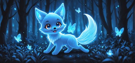 Spirit animal  ethereal ghost baby fox, adorable, cartoon character, glowing blue eyes, glowing butterflies, night time fantasy forest, realistic, extremely detailed, no humans, Hand-Drawn Style, playful lines, simple shapes, whimsical details, carefree feel