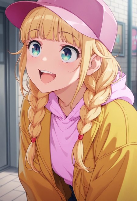 masterpiece,best quality,amazing quality, tsukimi eiko, long hair, blonde hair, blue eyes, 1girl, hat, solo, braid, smile, twin braids, jacket, hood, open mouth, hoodie, baseball cap, pink headwear, :d, blunt bangs