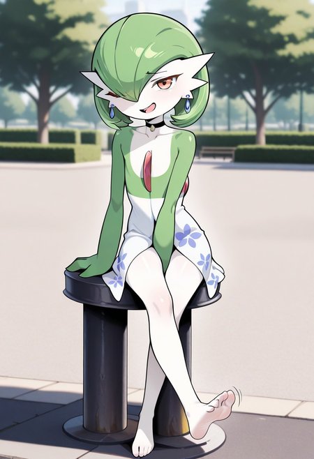 masterpiece,best quality,amazing quality,very aesthetic,high resolution,ultra-detailed,absurdres,newest,
Gwendolyn_Tennyson as (((gardevoir))), female, Anthro, ((pale white skin)),one eye closed, solo, floral dress, collarbone, looking at viewer, gentle smile, standing, depth of field, open mouth,  jewelry, earrings, choker , full body, feet, dutch angel, outside, public park, sunny,1girl, motion lines,
<lora:GwenTen-Illus-13:1>, tanlines, soles, sitting on bollard, presenting feet,