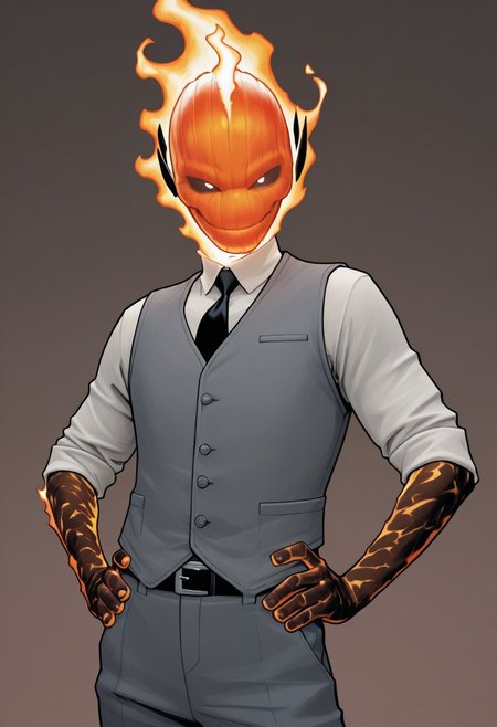 masterpiece, absurdres, high quality, perfect anatomy, 1boy, solo, cute boy, male focus, doyle, Orange Fire, Black Scelera, colored scelera, white shirt, grey vest, belt, sleeves rolled up, smug smile, hands on hips, cinematic, intricately detailed illustration, depth of field, masterpiece, best quality, amazing quality, very aesthetic, absurdres, newest, very awa,  shadow, dynamic angle, casual cosplay, dynamic pose, simple background,