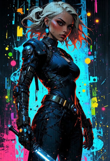 (*highly detailed, digital artwork, futuristic, cyberpunk, high-tech, dynamic composition*) A fierce female warrior with sun-kissed skin, silver shoulder-length hair, and piercing violet eyes. She wears a deep blue, form-fitting bodysuit with glowing cyan accents and intricate mechanical details, highlighting her curves, muscular thighs, and full, well-defined buttocks. Cyan circuit-like patterns pulse with energy.  
She grips a sleek, glowing cyan energy katana in her right hand, its blade humming with power. Her right arm is encased in a black and silver mechanical gauntlet, while her left wears an advanced cybernetic glove, enhancing her strength and agility. Her confident pose, with one hip tilted, radiates dominance.  
(*abstract, psychedelic, high contrast, fluid shapes*) The background swirls with neon energy, wrapping around her like a living force. A solid black base contrasts with liquid-like patterns in electrifying shades of blue, green, pink, yellow, and purple. The glossy, reflective surface shimmers as if reacting to her presence, enhancing the futuristic atmosphere.