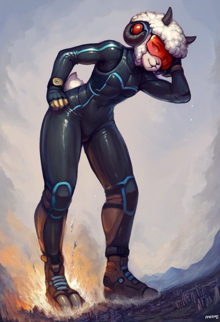 score_9, score_8_up, score_7_up, score_6_up, (source_furry), sheep, anthro, female, macro, giga, micro, androgynus, continent with micro cities, landscape dwarfing, (((a hvyflamer weapon))), full body white fireproof suit, helmet, tinted visor, (long sheep tail), scifi suit, by nommz