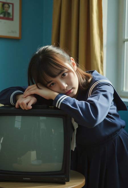 FRESHIDEAS JK Uniform Sailor Uniform,FRESHIDEAS JK Uniform Sailor Uniform, FRESHIDEAS JK Uniform Sailor Uniform A young woman in a school uniform, resting her head on an old-fashioned television set. ,Refined Beauty and Detail: Each photograph masterfully captures intricate details,from subtle textures to vivid colors.,Dark Elegance: Deep themes and soothing tones add mystery and sophistication.,Contrast and Natural Skin: High contrast highlights natural skin textures with precision.,Cinematic Lighting: Soft light and sharp focus create a dramatic,emotional scene.,Epic Realism: Photorealistic images offer an immersive experience.,Sunlit Landscapes: Full-shot landscapes bask in sunlight's warmth and beauty.,Vibrant Colors: High dynamic range ensures every hue is vivid and accurate.,Ultra-Realistic Faces: Faces come alive with stunning detail and clarity.,Layered Dark Shots: Shadows and layered colors create rich,textured depth.,Cinematic Impact: Award-winning photos shot from dynamic perspectives captivate viewers.,Moody Narratives: Tension and atmosphere build engaging narratives.,Film Authenticity: Color grading and film grain evoke classic cinema nostalgia.,Every image is a perfectly framed art piece,celebrating visual storytelling and artistic mastery.,
