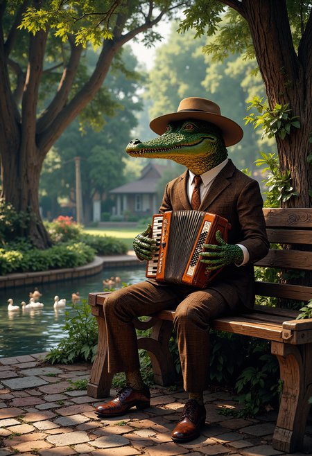 A hyper-realistic scene of a crocodile dressed in a vintage, 1970s-style brown suit, sitting on a wooden bench in a quaint, cobblestone park. The crocodile is holding an old, well-worn accordion, playing a nostalgic melody. Its green, scaly skin contrasts with the warm, earthy tones of the suit and the bench. The crocodile's wide-brimmed hat casts a shadow over its eyes, giving it a thoughtful, melancholic expression. The background features tall, leafy trees and a small pond with ducks swimming peacefully. The lighting is soft, with dappled sunlight filtering through the trees, creating a serene and nostalgic atmosphere. The overall style is hyper-realistic, capturing every detail of the crocodile's scales, the texture of the suit, and the worn wood of the bench, evoking a sense of calm and reflection.    <lora:FluxMythP0rtr4itStyle:0.8> MythP0rt,    <lora:aidmaImageUpgrader-FLUX-V0.1:0.33> detailmaximizer, <lora:aidmaMJ6.1-FLUX-V0.1:0.6> midjourneyv6.1,