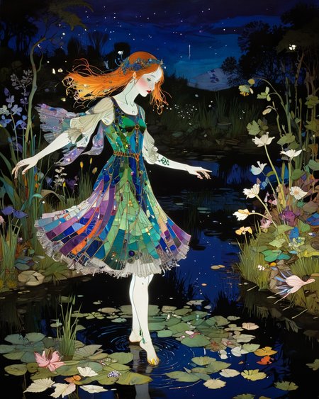 girl dancing around a pond, Harry Clarke,  volumetric lighting, <lora:add-detail-xl:1>, <lora:xl_more_art-full_v1:0.8>