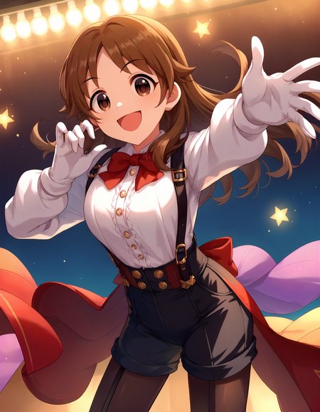 score_9,score_8_up,score_7_up,1girl,solo,cowboy shot,looking at viewer,smile,open mouth,stage lights,
<lora:katagirisanae_ponyXLV6:0.8>,cgkts,
brown hair,parted bangs,long hair,brown eyes,
red bow,white shirt,long sleeves,suspenders,white gloves,puffy black shorts,leggings