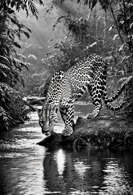a (black and white:1.5) photo of a leopard, in the jungle, drinking at the at the edge of a river, at dusk, dense jungle forest, dramatic lights, shallow depth of field, blurred background, extreme details, intricate details, 8k, 35mm photo, photorealism, realistic photo, national geographic style, masterpiece, film photography style
