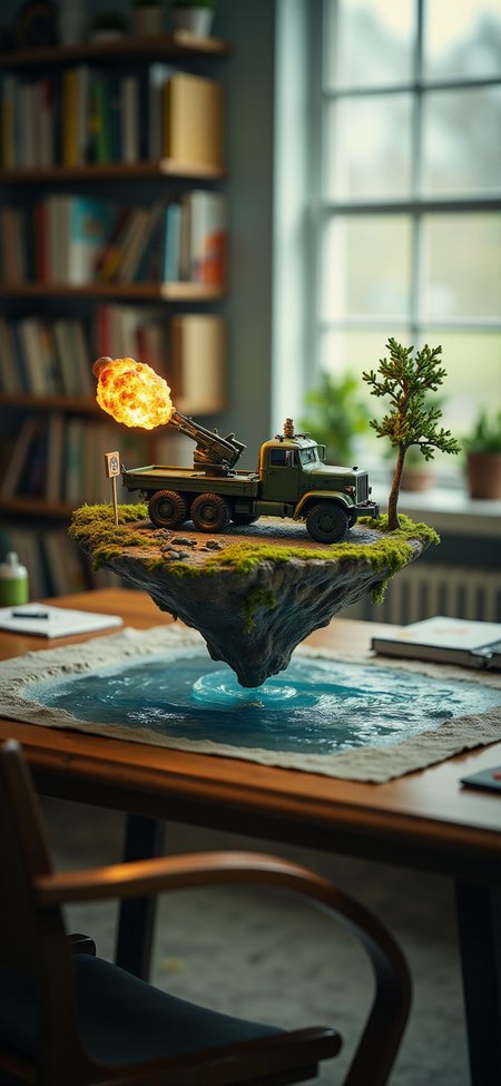 (indoor,very wide isometric view,tilt-shift lens:1.6), (windowless,miniature,miniature,diorama,miniature,diorama,PVC,plastic:2) ,  military truck with SAM with flame at (floating island,levitating  island:1.5) on (table:2) at (study:2.5)   <lora:Diorama_Flux:1>
