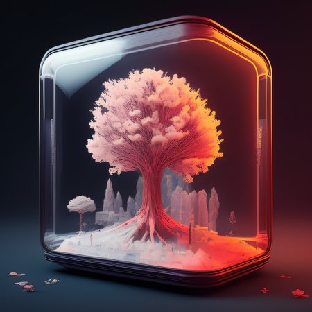 knollingcase, isometic render, a single cherry blossom tree, isometric display case, knolling teardown, transparent data visualization infographic, high-resolution OLED GUI interface display, micro-details, octane render, photorealism, photorealistic
