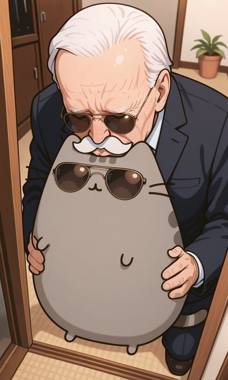 embedding:IllusP0s, pusheen, smelling another's hair, smelling from behind, old man, 1boy, fake mustache, high angle, from above, nose, aviator sunglasses,<lora:smelling another's hair, smelling from behind_illustrious.safetensors:1.0:1.0> <lora:PusheenIXL.safetensors:1:1>