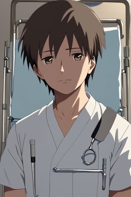 high resolution, solo, best quality, 1Boy, Takaki Toono, Brownish Hair, Brown Eyes, bandage, patient, hospital, OverallDetail