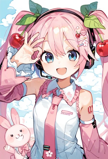 1girl,hatsune miku,sakura miku,vocaloid,blue eyes,blush,bow,cherry hair ornament,cloud,collared shirt,crescent,decora,detached sleeves,flower,food-themed hair ornament,frilled shirt collar,frilled sleeves,frills,hair bow,hair ornament,hairclip,hand up,handheld game console,headphones,headset,heart,heart hair ornament,long hair,long sleeves,looking at viewer,nail art,nail polish,necktie,ok sign,ok sign over eye,open mouth,pink hair,rabbit,shirt,sleeveless,sleeveless shirt,smile,solo,tie clip,twintails,cherry blossoms,pink nails,star \(symbol\),food,upper body,pink theme,:d <lora:n_XL_NBVP1_lokr_V6311PZ:0.95>
