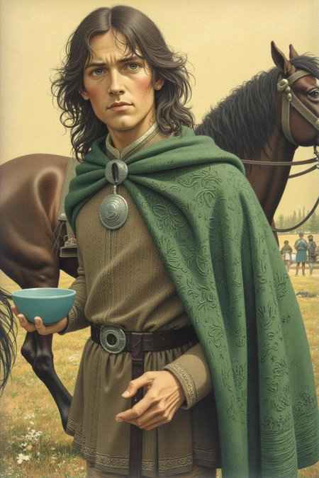 jeanleonhuens1 illustration.
jole1. A young man leading a horse. The young man has has long, dark hair and a serious expression, wearing a green cloak with intricate patterns and a brown tunic adorned with a silver pendant. He hold a small, blue bowl in his left hand. 
  <lora:jeanleonhuens1_ap_d6a3e12:1.0><lora:844822803300643772:0>