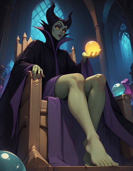 score_9, score_8_up, score_7_up,     
1girl, solo,
maleficentdg,
colored skin, yellow sclera, green skin, 
 wide sleeves, high collar, black cape, 
half-closed eyes, 
sitting, from below, barefoot, 
castle interior, throne, night, crystal ball, glowing, 
 <lora:Maleficent DG PXL v01-000003:0.90>