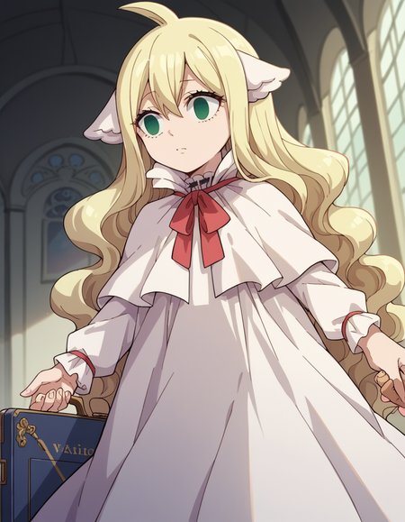 score_9, score_8_up, score_7_up, source_anime, <lora:mavis-vermillion-anime-ponyxl-lora-nochekaiser:1>, mavis, long hair, blonde hair, green eyes, ahoge, wavy hair, animal ears,, dress, white dress, collar, ribbon, red ribbon, capelet, long sleeves,, airport, waiting area, suitcase, flight delayed, passengers, reading book, , , hand holding a pencil, solo,, cowboy shot, dutch angle