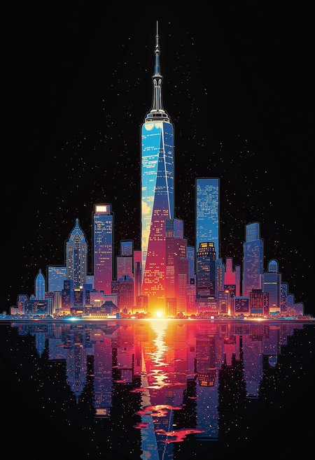 a fine color ink lineart sketching of a detailed (silhouette) of a city with a glossy shiny outline vibrant colors (reflective:1.05) volumetric, colorful, flares, best quality, elegant, sharp clear art, black background